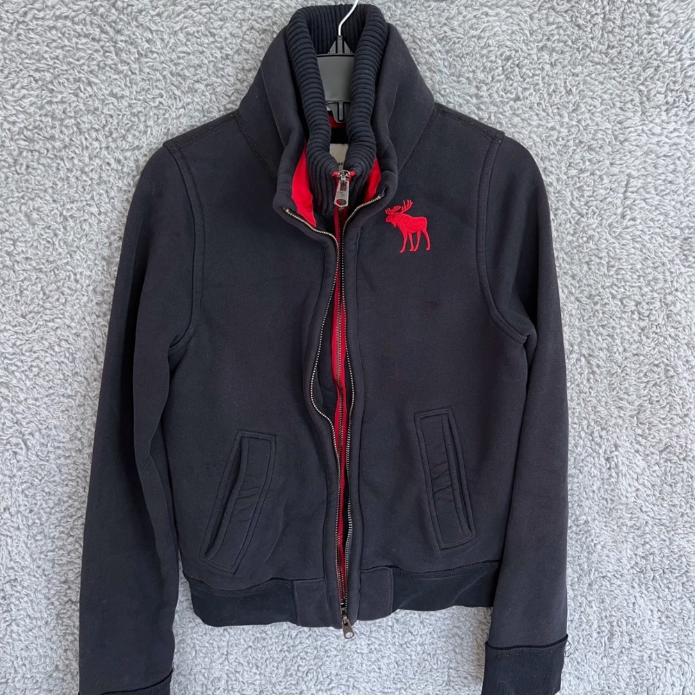 Abercrombie Kids Jacket Boys M Navy Red Quilted Lining Moose Logo Stand Collar